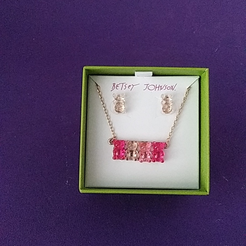 Betsy Johnson Necklace & Earrings Mini Teddy Bears Pink & Gold New in Box